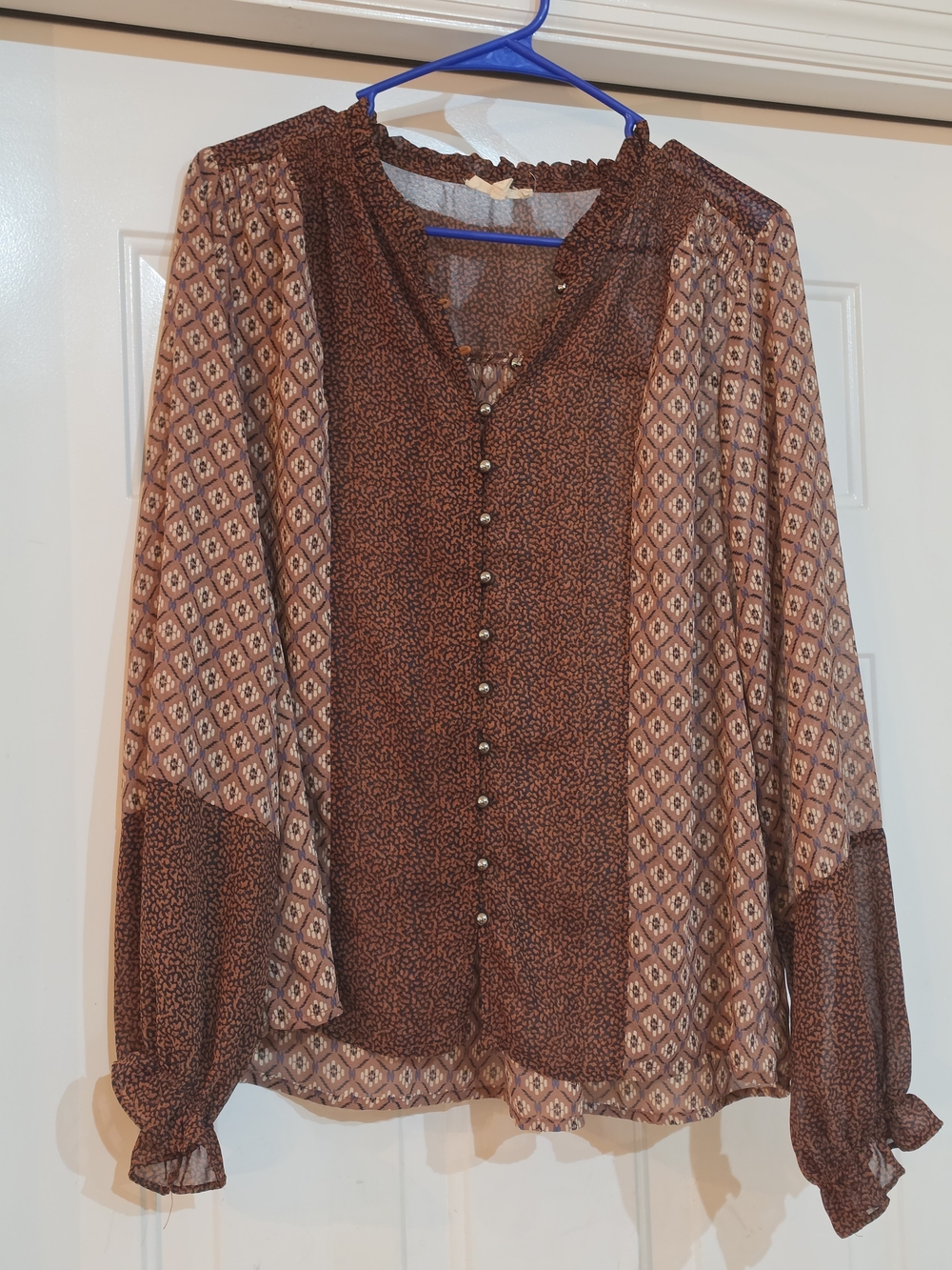 Mystree Brown Patterned Mix-Print Button Blouse